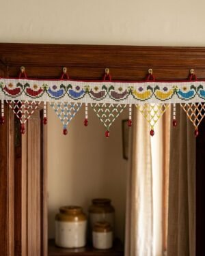 A white Parsi toran decorated with a horizontal row of embroidered scallops in red, blue, yellow, and green. It features multi-colored triangular beaded tassels and hangs above a wooden doorway in a traditional home interior.