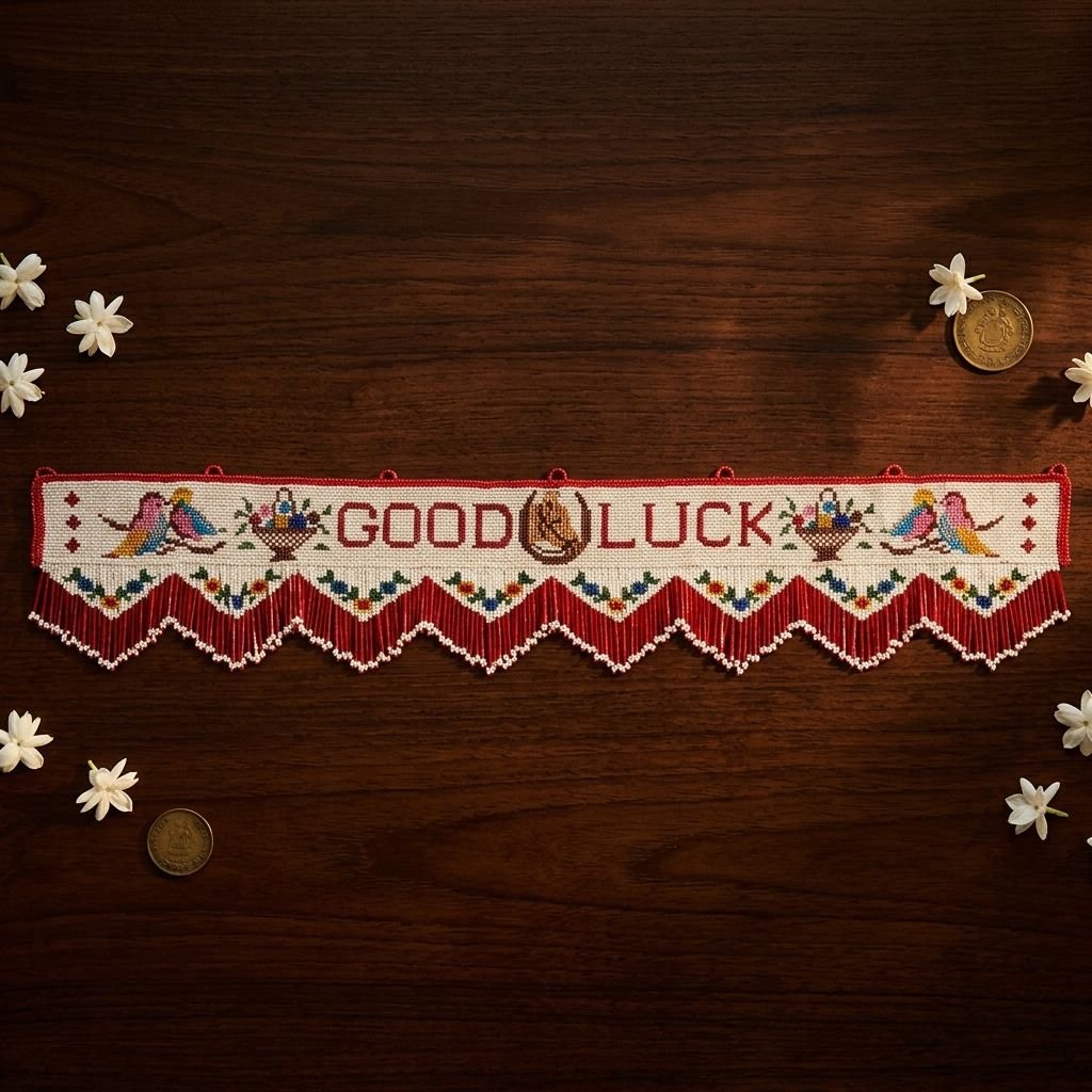 A flat top-down view of a traditional Parsi toran with intricate embroidery of birds and flowers flanking the words 'GOOD LUCK.' The piece is styled on a dark wooden surface with scattered white flowers and coins, highlighting the red and white beaded fringe.