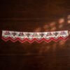 Top-down view of a traditional Parsi toran featuring intricate embroidery of birds in pairs and baskets of flowers. The piece is finished with a red and white pointed beaded fringe and rests on a dark wooden surface.