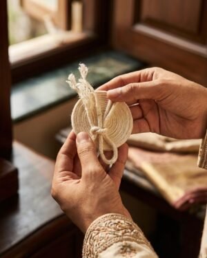 Close-up of hands holding a sacred Zoroastrian Kusti, a hand-woven white wool cord coiled into a flat circle, with the tasseled ends visible.
