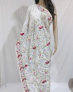 White Gara saree with Colourful Flower design