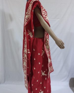 Red gara with beautiful Flamingoes and flower design