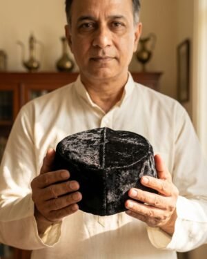 A man wearing a traditional white button-down tunic holds a structured black velvet Parsi cap, presented against a warm interior with a wooden bookshelf in the background