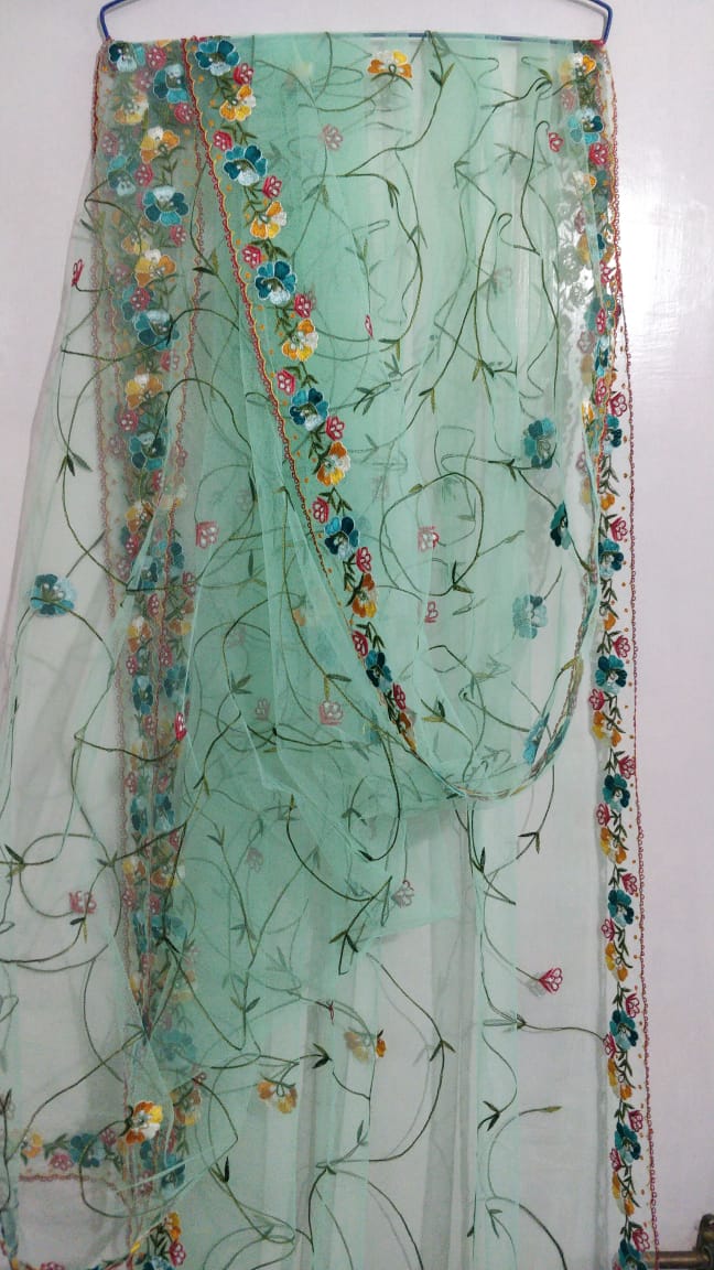 Green Hand Embroidered Net Dupatta With Jal Thread Work