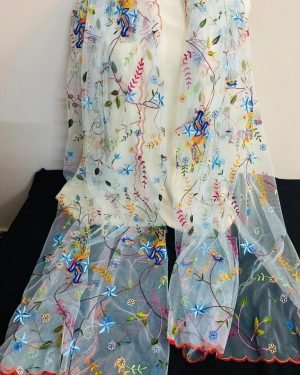 Hand-Embroidered White Dupatta with Multicolored Thread Work from Meher Collections