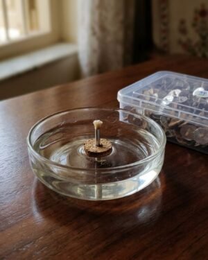 A single Parsi floating wick lit in a glass bowl of oil on a wooden table.