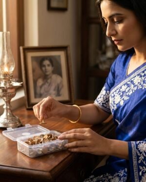 A woman in a blue Gara saree picking a floating wick from a box next to a lit vintage oil lamp and a framed photograph.