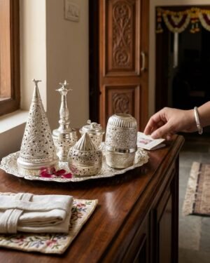 A silver Parsi ceremonial set on a wooden cabinet in a traditional home, next to folded prayer cloths