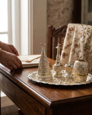 A person placing a book on a wooden desk next to a dual-tone silver and gold Parsi Sese ceremonial set.