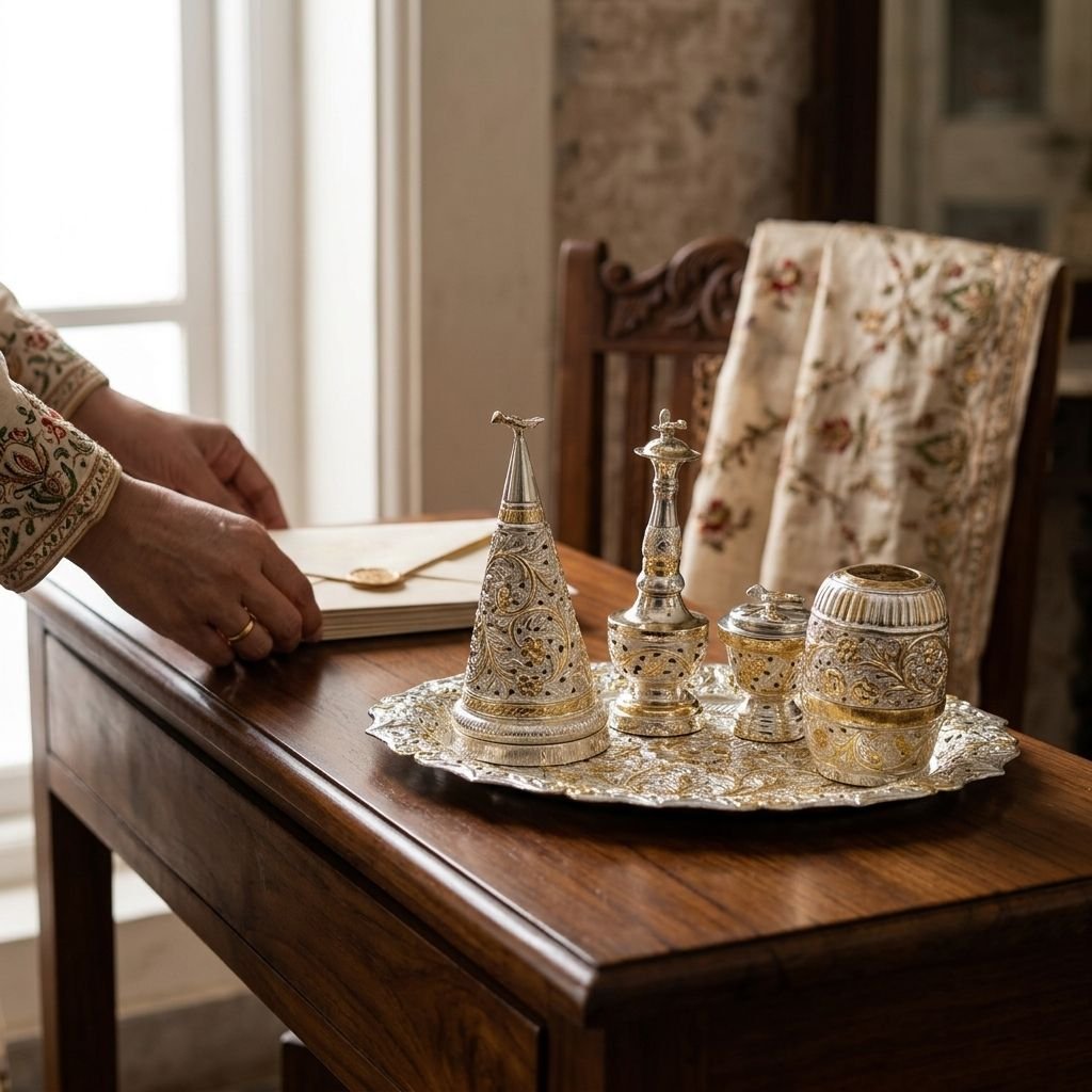 A person placing a book on a wooden desk next to a dual-tone silver and gold Parsi Sese ceremonial set.