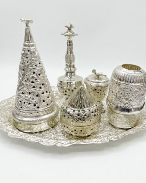 Ornate Parsi silver Sese set featuring a filigree cone, rosewater sprinkler, and covered bowls on an engraved silver tray