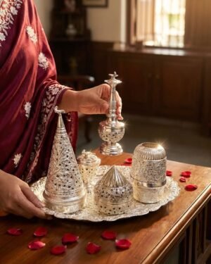 A woman in a maroon embroidered saree holding a decorative silver Parsi Sese tray with floral engraved vessels on a wooden table