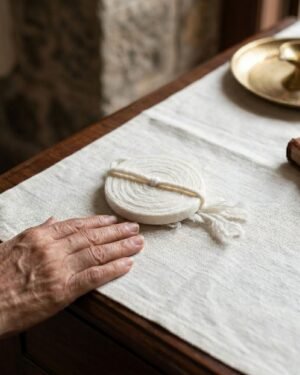 A coiled white Zoroastrian Kusti on a white linen cloth next to a person's hand and a vintage book.