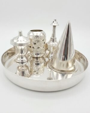 A 5-piece polished silver Parsi Sese set featuring a cone and rosewater sprinkler on a plain silver tray.