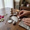 Close-up of hands carefully arranging silver Parsi ritual items on a wooden table next to a lit oil lamp and flowers.