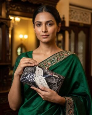 A woman in a green embroidered Gara sari holding a matching crane-motif clutch.