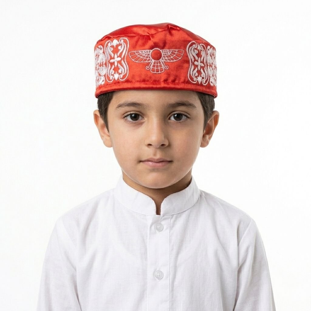A young boy wearing a white shirt and a red embroidered Parsi topi.