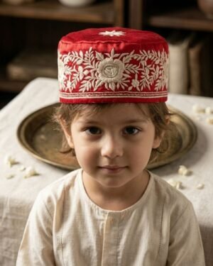 A young boy wearing a traditional red embroidered Parsi topi and a white kurta.