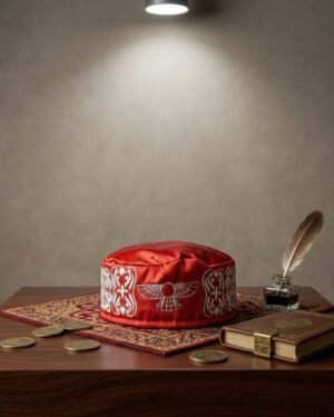 A red Parsi topi with white embroidery resting on a patterned rug next to a vintage book and quill.