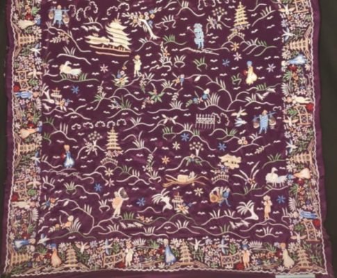 A deep purple Parsi Gara saree with intricate, multicolor China-Chine hand-embroidery showing pagodas and figures.