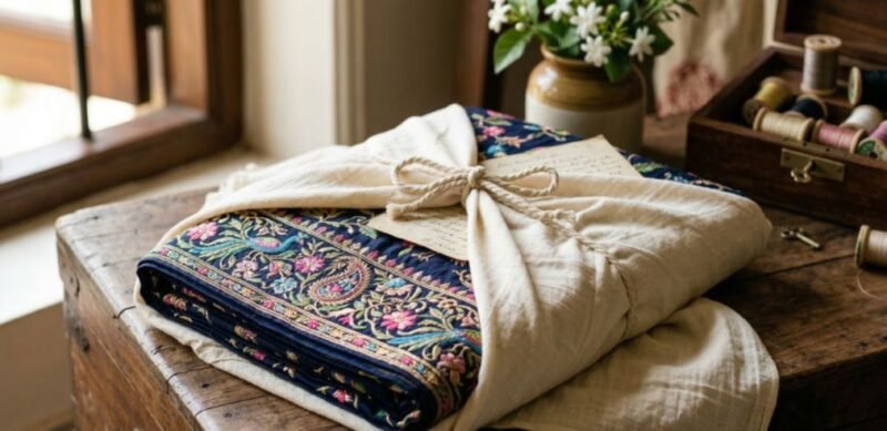 An elegantly embroidered Gara saree folded inside a protective muslin cloth wrap on a wooden table.