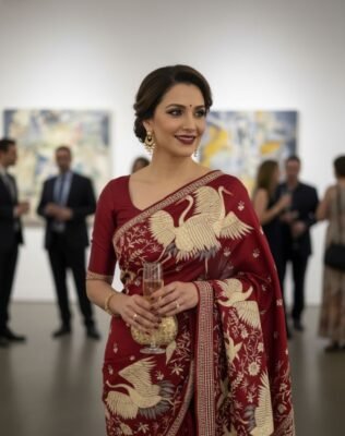 A woman looking elegant in a hand-embroidered, traditional Parsi Gara saree at a formal evening event.